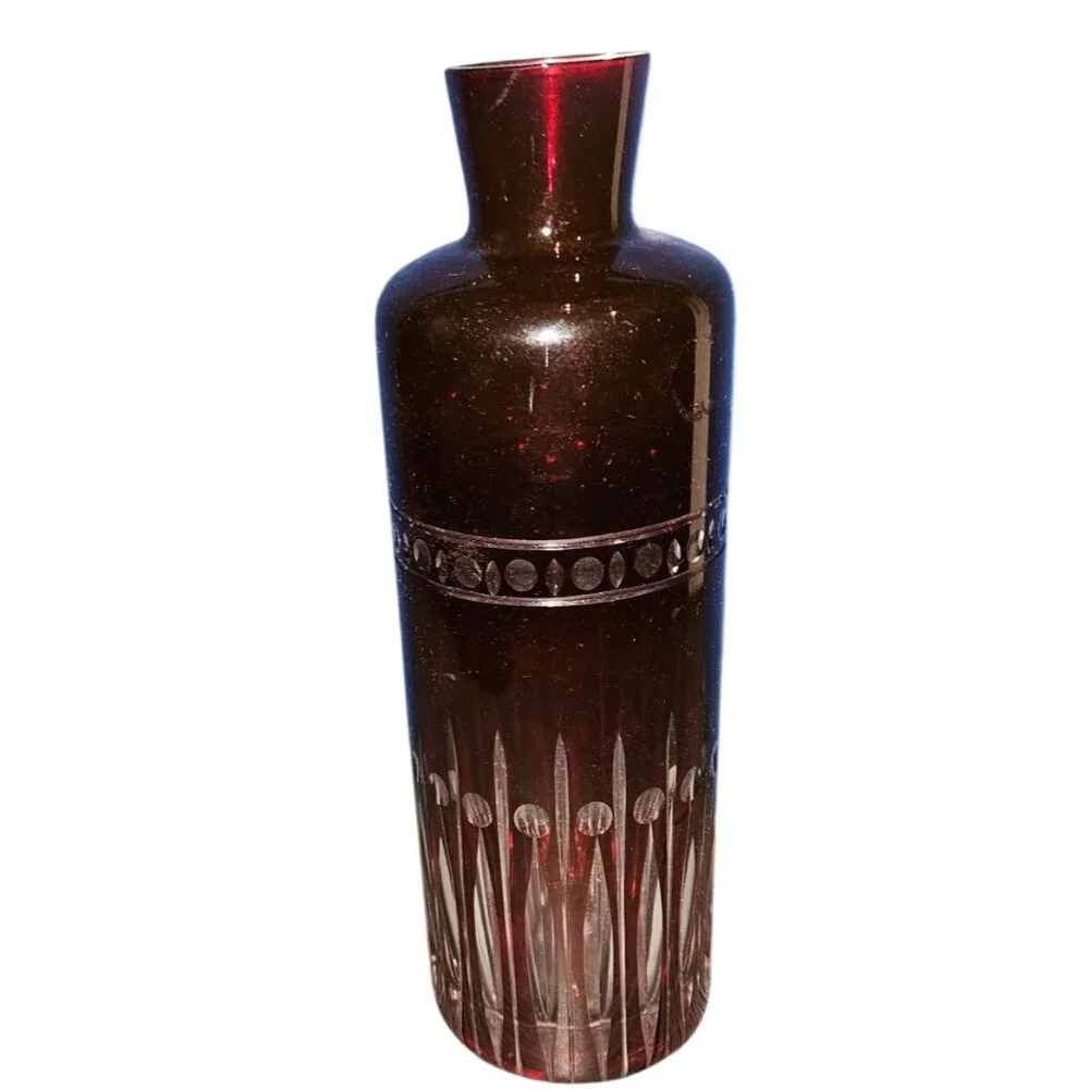 Vintage Cut to Clear Bohemian Vase Ruby Red Glass 10 Inches‎ Tall